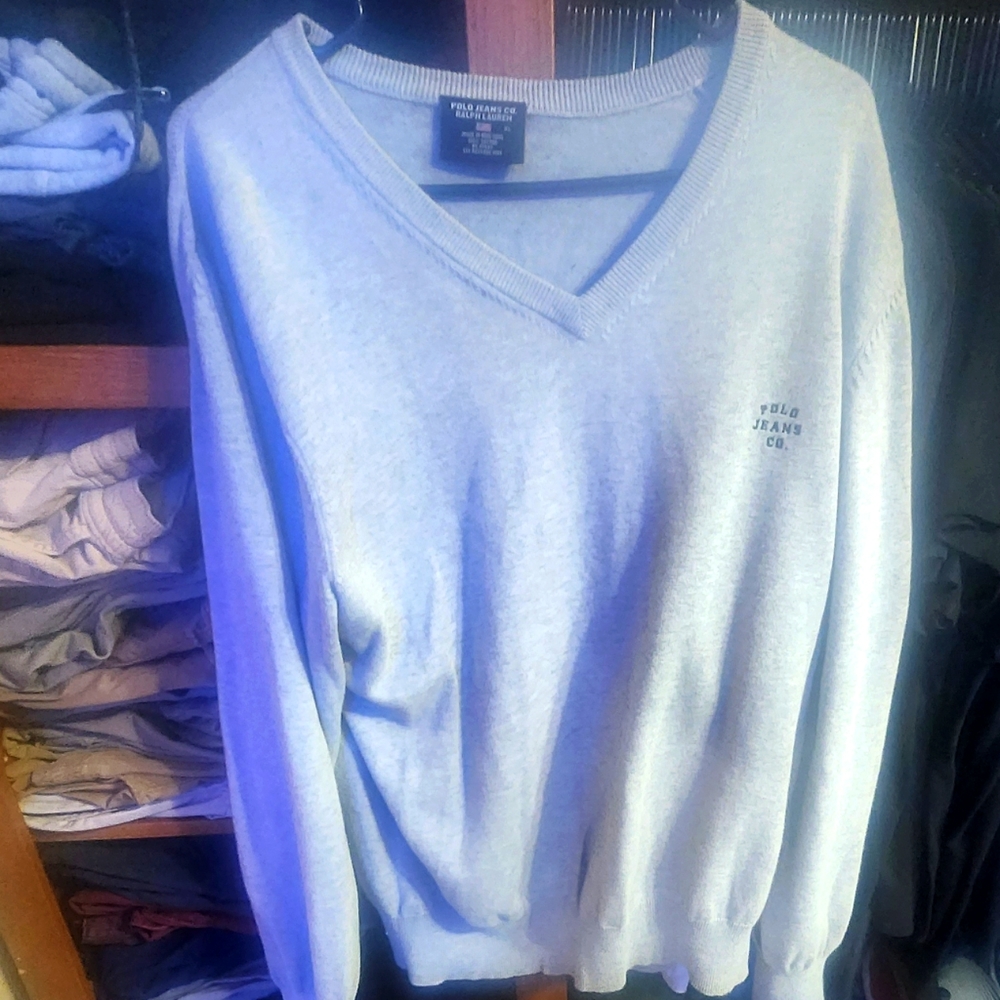Vintage Men's Ralph Lauren V-Neck Sweater Size XL Gray/Navy Logo